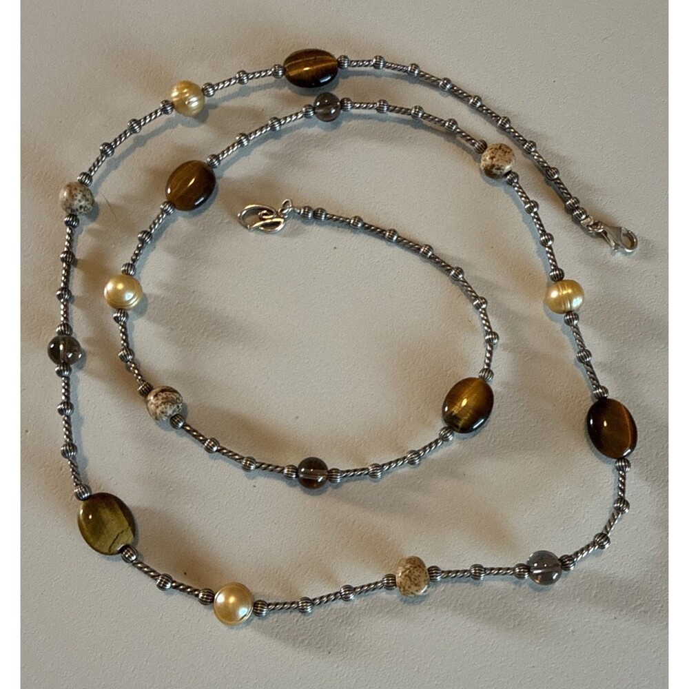 VTG Carolyn‎ Pollack Sterling Silver Necklace Tiger's Eye Jasper Pearl 36" Boho